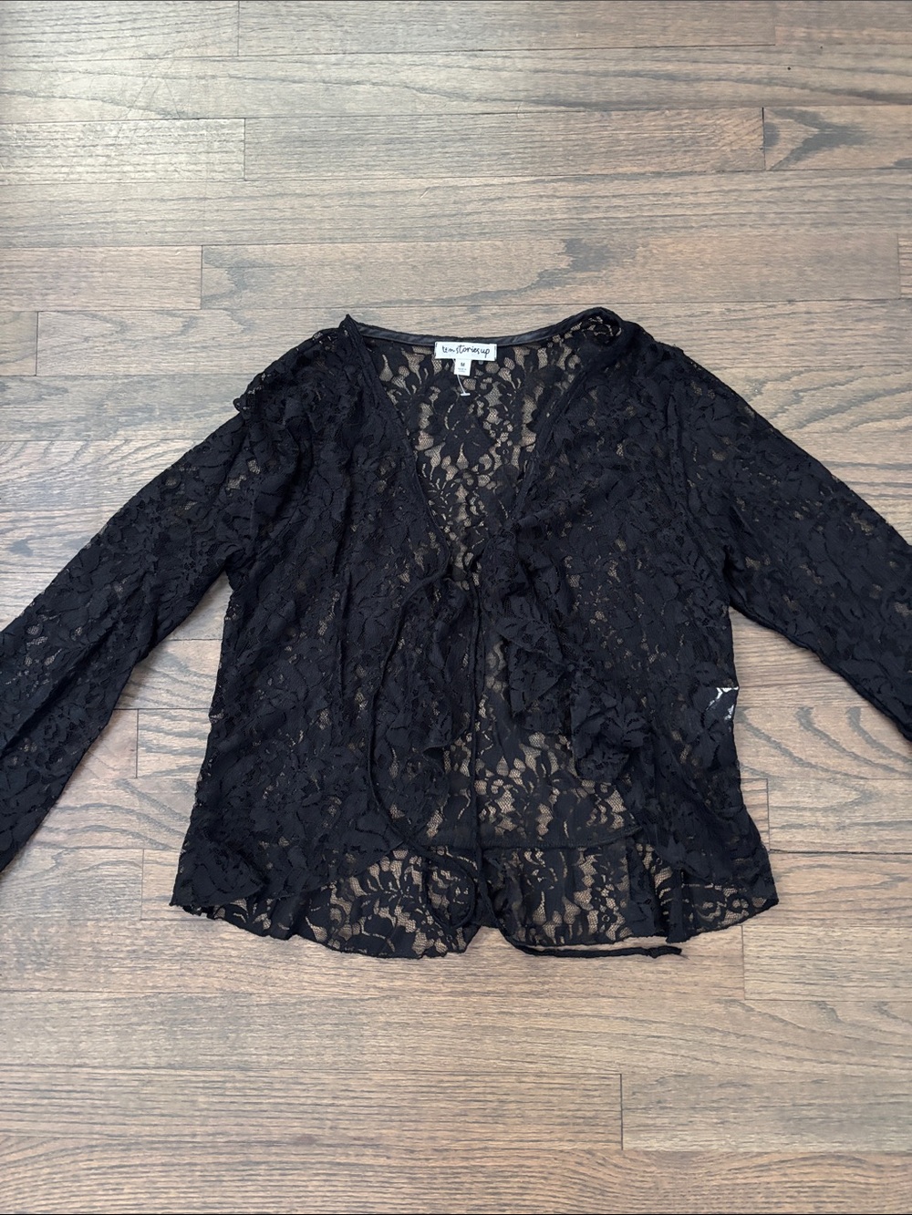 Black Sheer Lace Ruffle Blouse